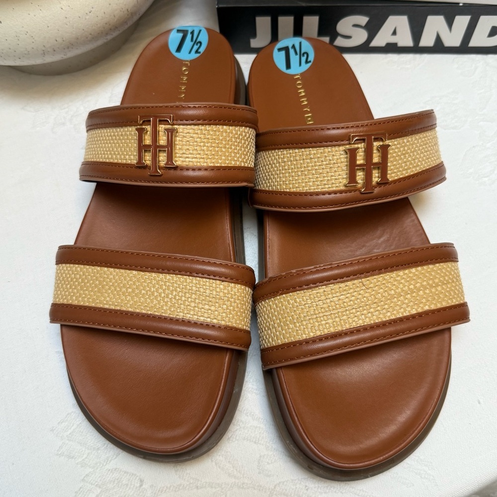 Tommy Hilfiger Brown and Tan Slide Sandals